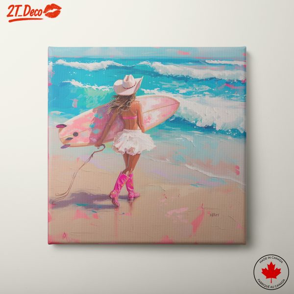 Playful Beach Surfer with Pink Surfboard