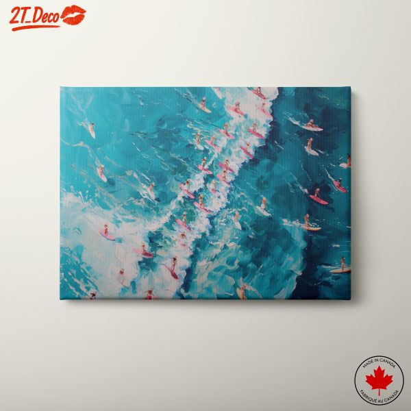 Vibrant Surfers in Motion above Waves