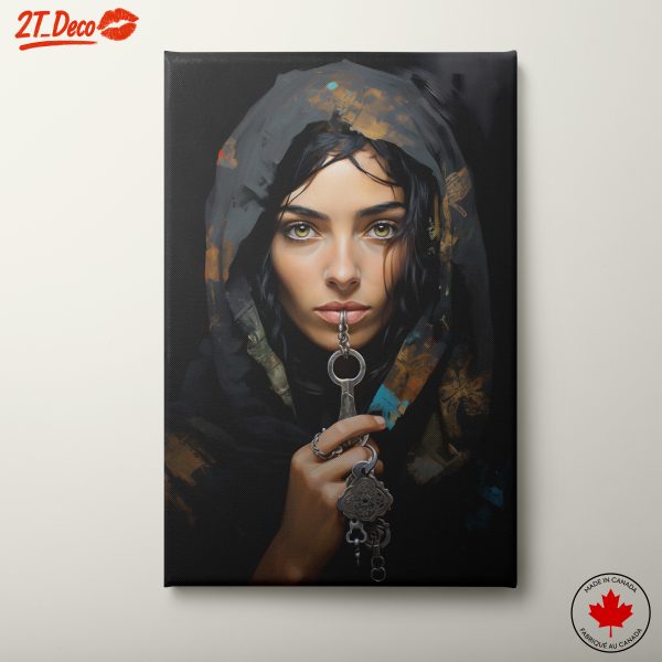 Modern Woman Portrait with Keys and Dark Background