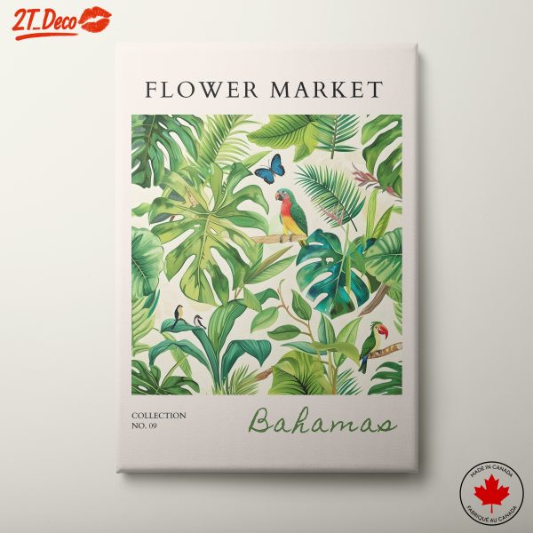 Tropical Botanical Artwork Featuring Colorful Birds