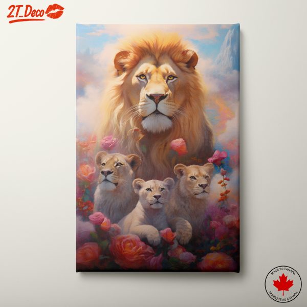 Majestic Lion Family Surrounded by Flowers