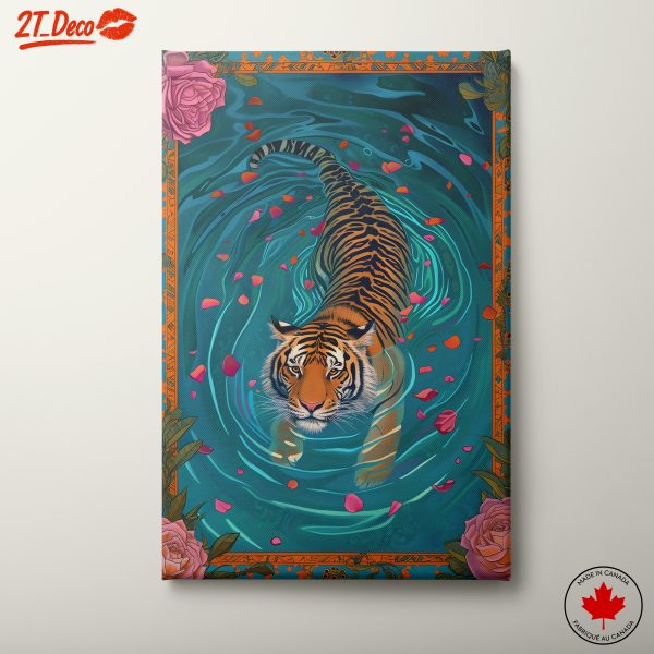 Majestic Tiger Swimming in Floral Waters