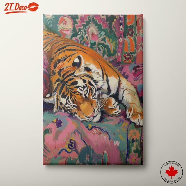 Colorful Tiger Relaxing on Vibrant Couch