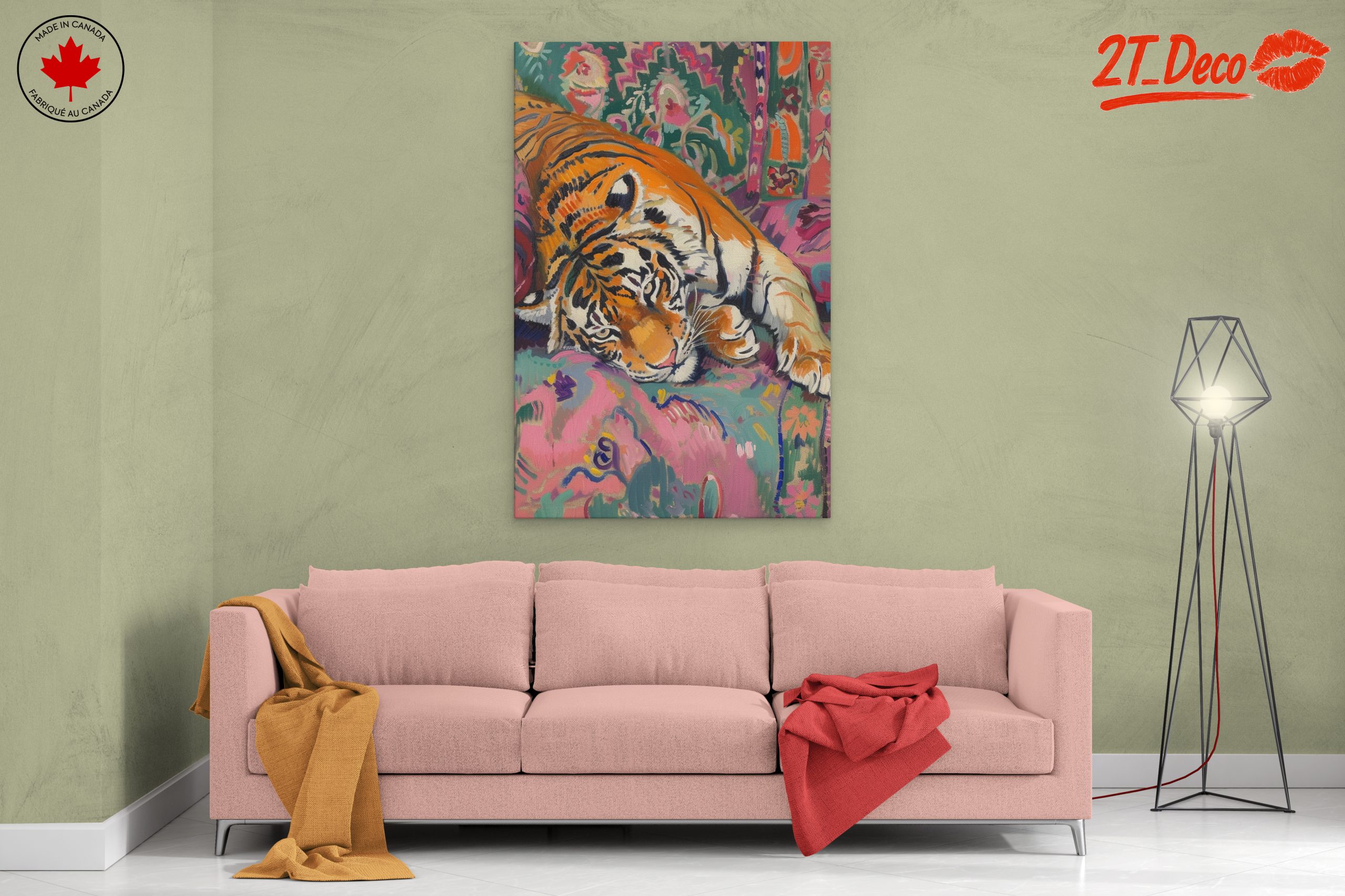 Colorful Tiger Relaxing on Vibrant Couch - Image 2