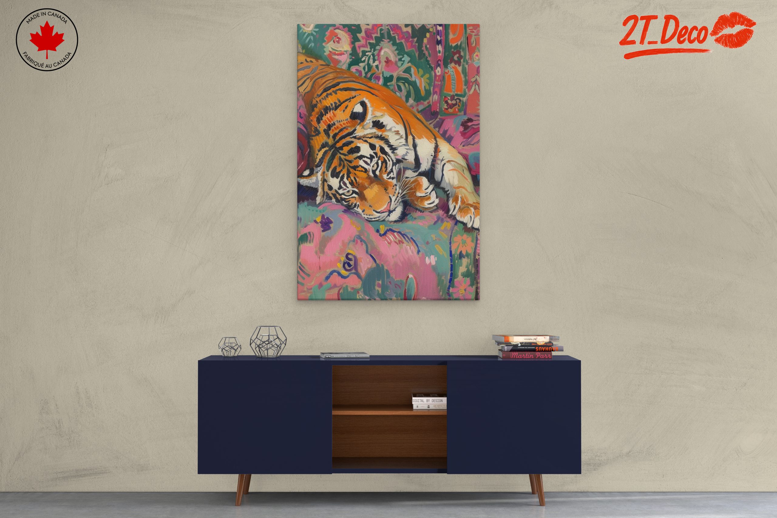 Colorful Tiger Relaxing on Vibrant Couch - Image 3