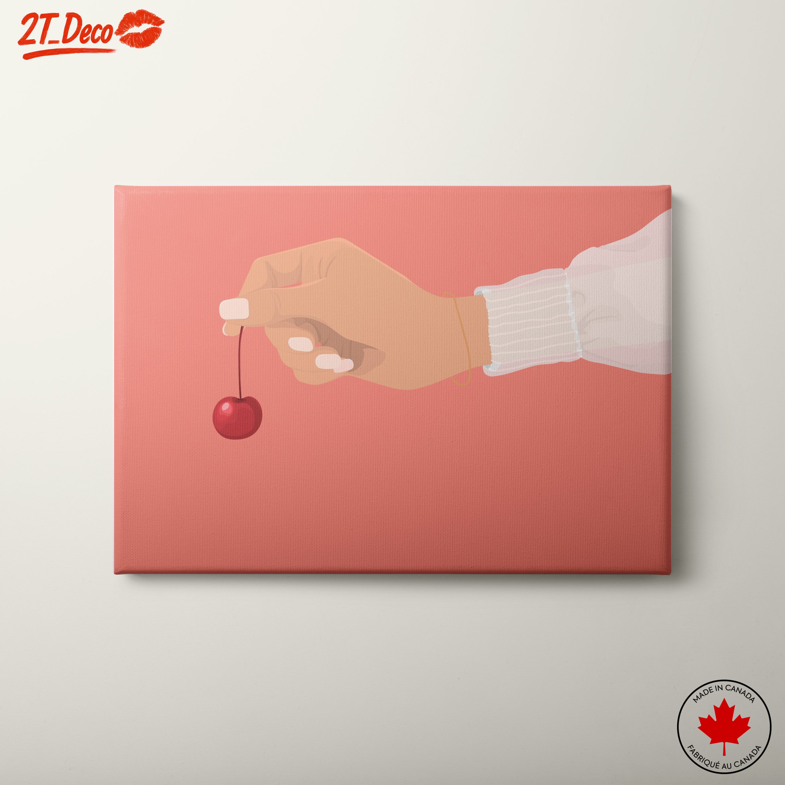 Hand Holding Cherry On Pink Background