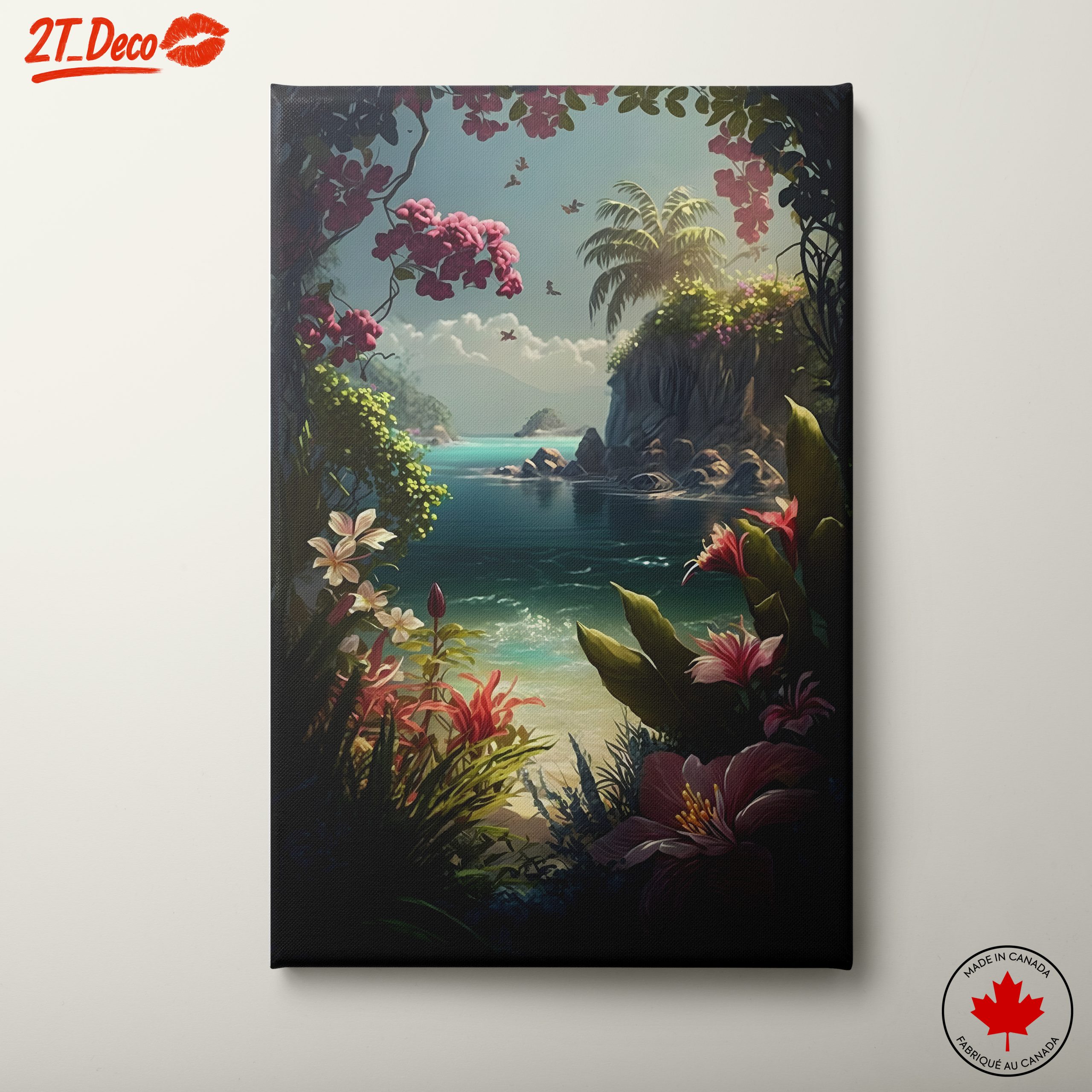 Tropical Paradise Seascape with Floral Elements