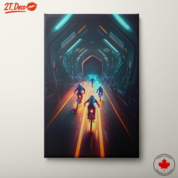 Cyclists Riding Through a Neon Tunnel