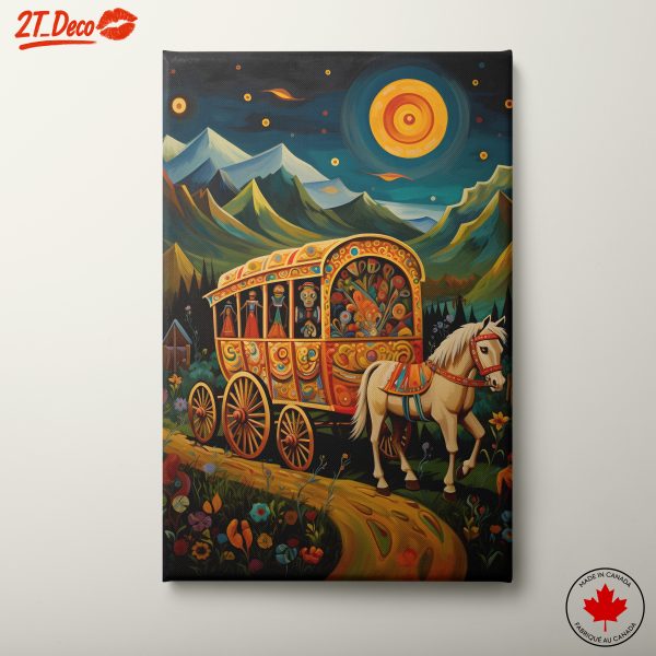 Colorful Abstract Spiritual Art Featuring a Whimsical Caravan