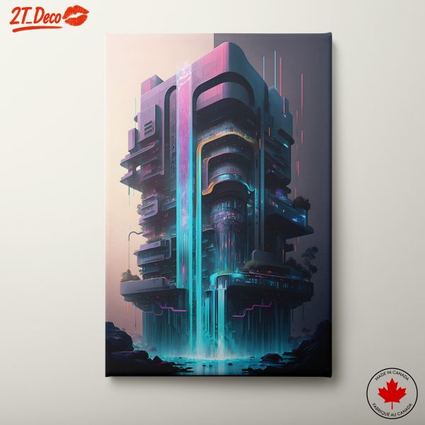 Futuristic Architectural Design with Waterfall