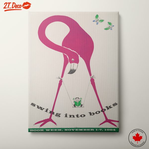 Playful Flamingo Swinging Into Books