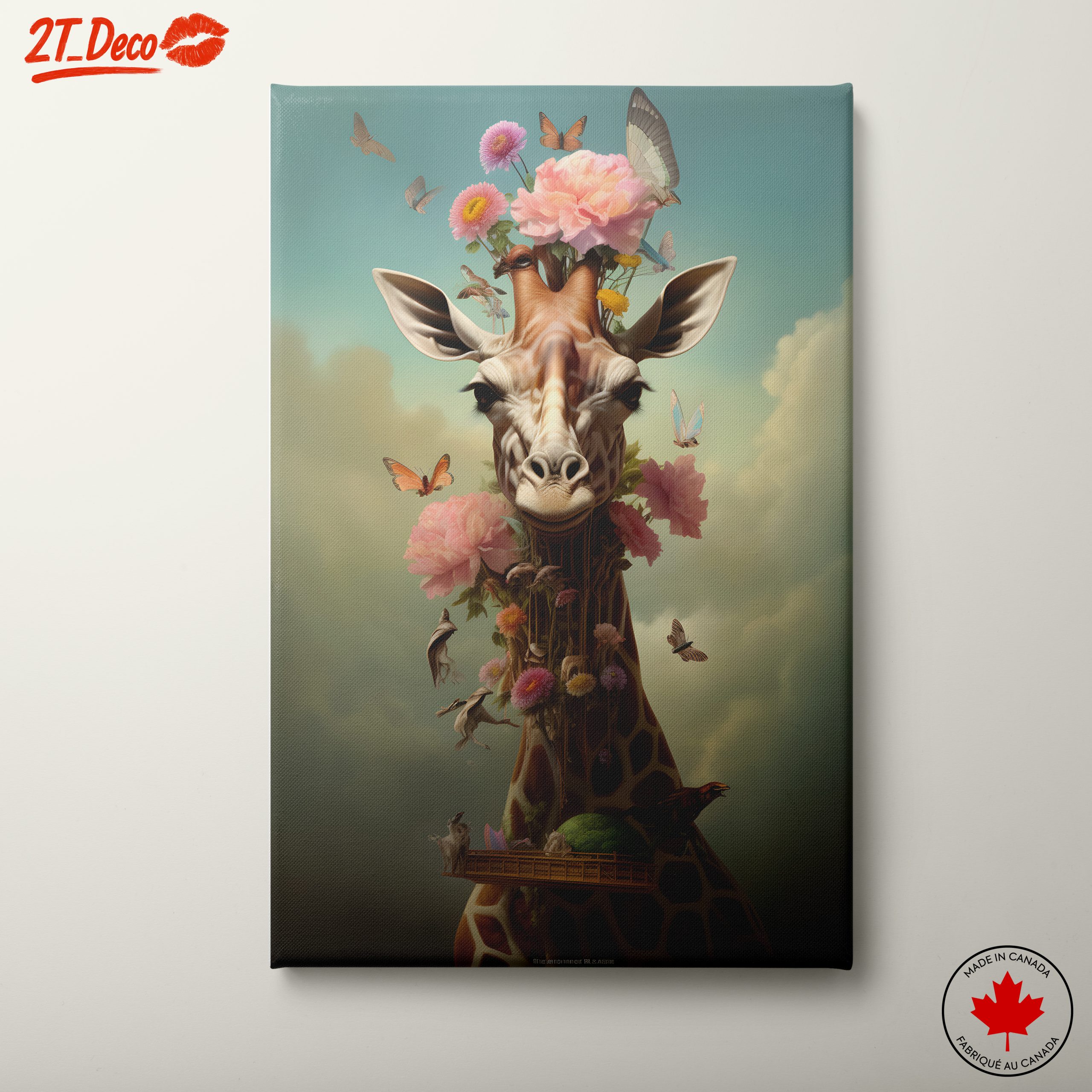 Surreal Giraffe with Flowers and Butterflies