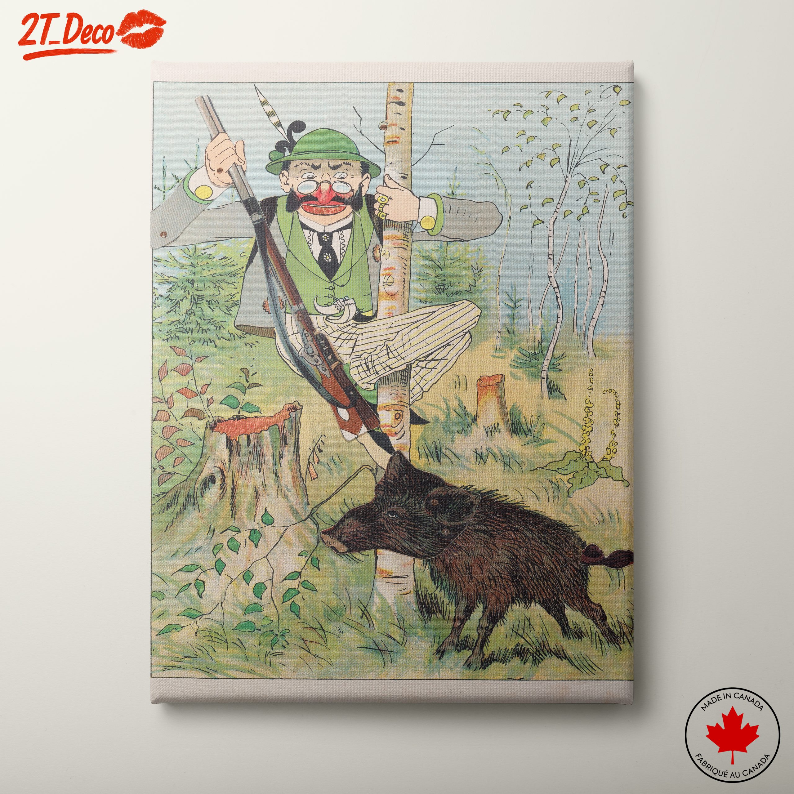 Comical Hunter with Wild Boar