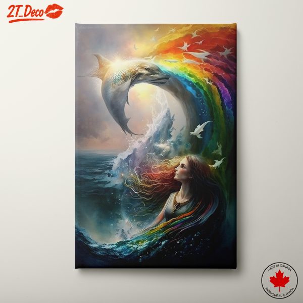 Enchanting Fantasy Ocean Art with Dolphin and Rainbow