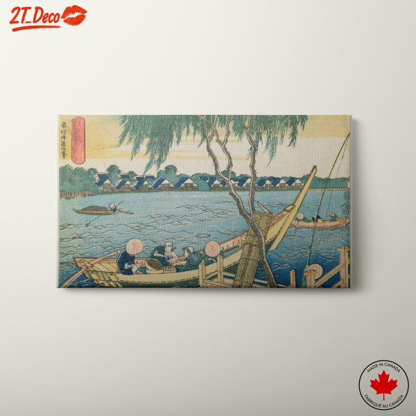 Traditional Japanese River Scene with Boats