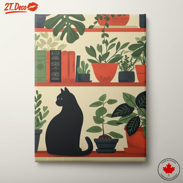 Cat Silhouette with Plants on Shelf