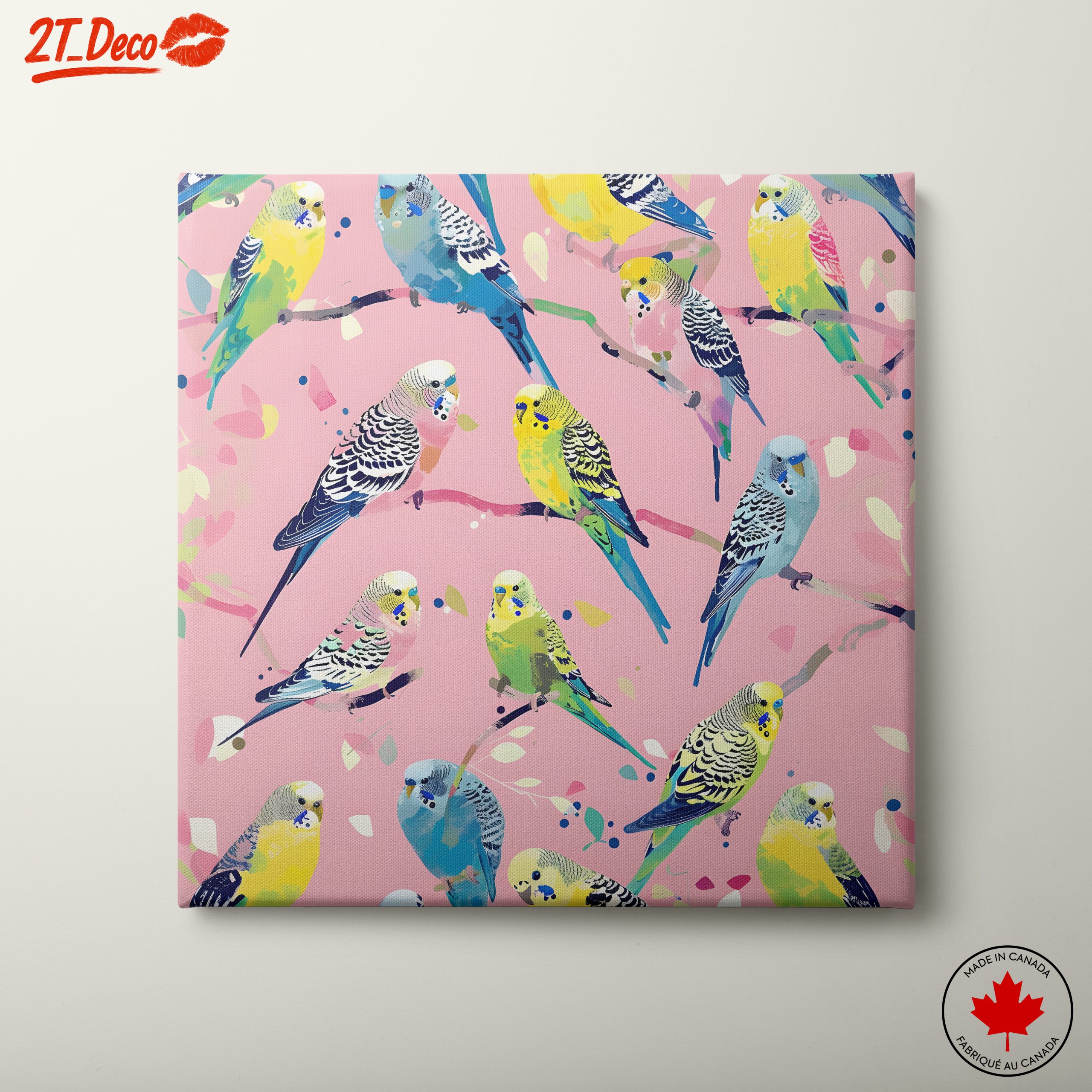 Colorful Budgerigars on Pink Background