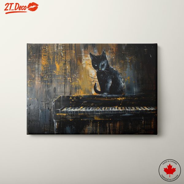 Black Cat on Piano Whimsical Art