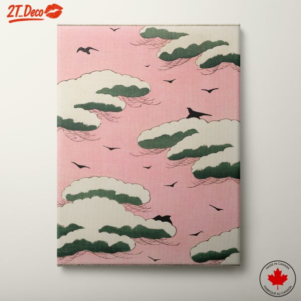 Cloudy Sky with Birds on Pink Background