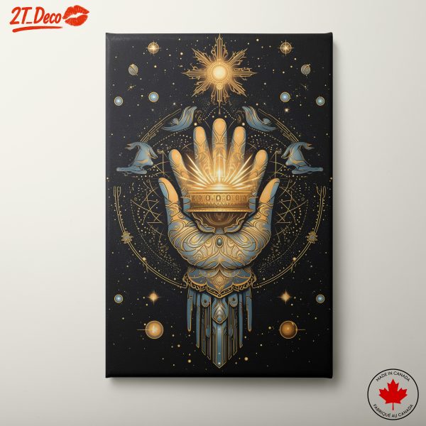 Hand Holding Celestial Light and Cosmic Elements Art